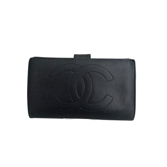 CHANEL Vintage Black Lambskin Logo Bi Fold Long Wallet - Picture 1 of 8